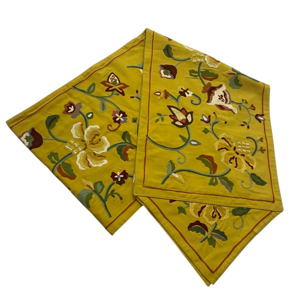 Vintage Williams-Sonoma Mustard Floral Embroidered (104.5" x 16") Table Runner